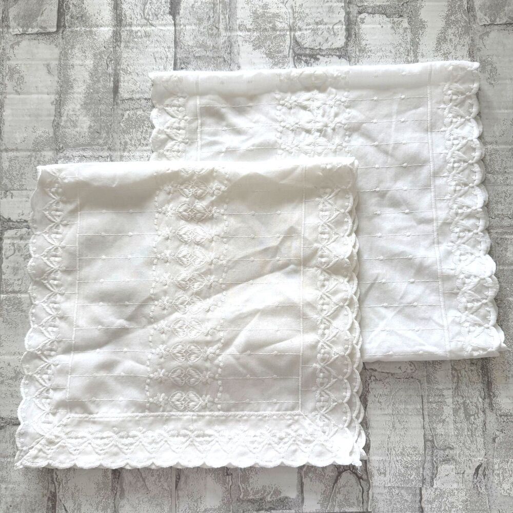 VTG Pair Embroidered Table Runner 49x13 Scallop Edge Floral Cottagecore (stains)